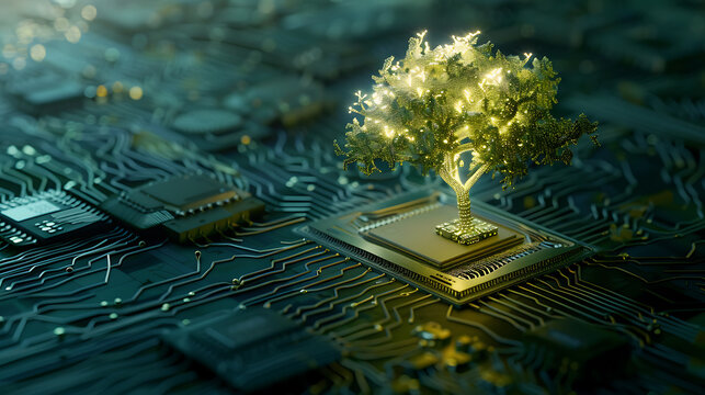 technology integration, a radiant tree emerging from a microchip exemplifies the blend of nature and technology, embodying organic and digital fusion