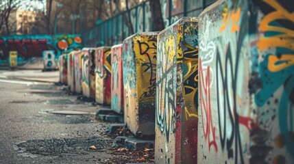 Obraz premium A Row of Concrete Barriers Covered in Colorful Graffiti