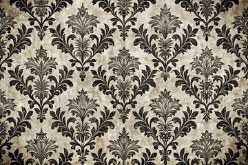 Classic damask print featuring intricate black and white floral motifs on a textured background, traditional wallpaper, vintage look, damask pattern