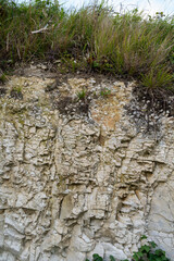 Sedimentary rock soil, composed of chalk, marl and limestone, on champagne vineyards in village Hautvillers in Marne valley, Champange, France, soil sample, nature soil background