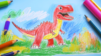 A simple, fun drawing of a dinosaur for kids, with a rounded body, big eyes, short legs, and a...