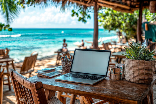 Ecran blanc d'ordinateur portable sur une terrasse de restaurant devant la mer