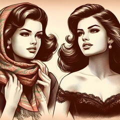 Vintage pin-up drawing of a 1960s model girl with scarf.