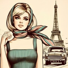 Vintage pin-up drawing of a 1960s model girl with scarf.