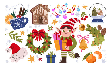 Christmas and new year stickers collection. Mulled wine, Christmas wreath, gingerbread, Santa hat, tangerines and elf. Holiday seasonal vector illustrations in retro groovy style