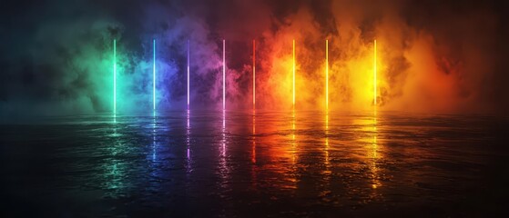 Fototapeta premium Vibrant vertical light beams casting colorful reflections on a wet surface, surrounded by a misty atmosphere, creating a mystical and enchanting visual experience.