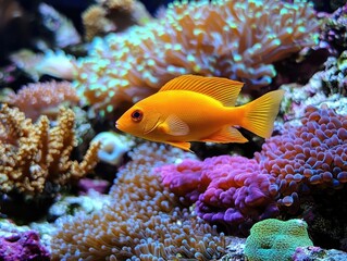 Fototapeta premium vibrant orange fish gliding through a sunlit coral reef, surrounded by colorful corals and shimmering water, evoking a sense of tranquility and marine beauty