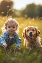 A happy child and a smiling dog together on green grass, under the warm sunlight of a beautiful day.