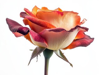 vibrant rose blossom isolated on a white background, captured with full depth of field to accentuate its rich colors and delicate petals