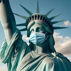 The Statue of Liberty wearing a mask with a cold. 
