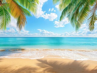 Obraz premium vibrant tropical beach scene with soft sand and palm trees, wallpaper design blending rich turquoise waters and sunny skies, inviting tranquility and relaxation