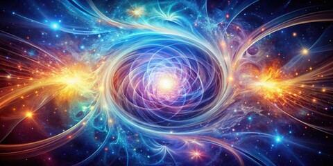 A vibrant cosmic tapestry of swirling energy, radiant stars, and ethereal light streaks intertwine, creating a mesmerizing display of celestial beauty.