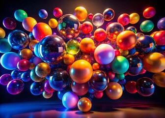 Fototapeta premium Vibrant Self-Illuminated Spheres Colliding in a Dark Scene - Stunning Drone Photography of 3D Animation Dynamics