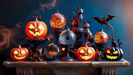  hauntingly beautiful digital illustration of a Halloween-themed still life composition.