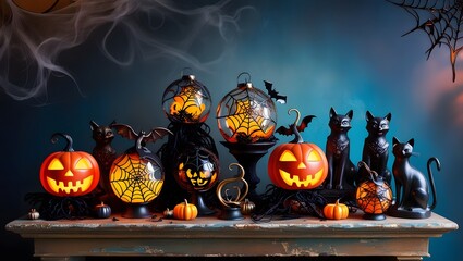  hauntingly beautiful digital illustration of a Halloween-themed still life composition.