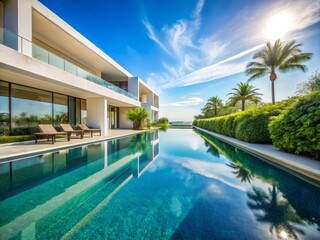 Fototapeta premium Serene Long Pool with White Building in Background, Stunning Architectural Reflection, Tranquil Waters, Luxury Resort Vibes, Clear Blue Sky, Summer Escape, Outdoor Oasis