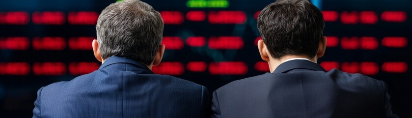 The image shows two men viewed from behind, intently observing a trading screen filled with red numbers and graphs, suggesting a financial environment.