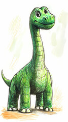 Obraz premium A simple, fun drawing of a dinosaur for kids, with a rounded body, big eyes, short legs, and a friendly smile. 