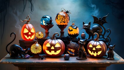  hauntingly beautiful digital illustration of a Halloween-themed still life composition.