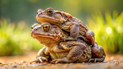 Obraz premium Two toads wandering piggyback around scenic landscape