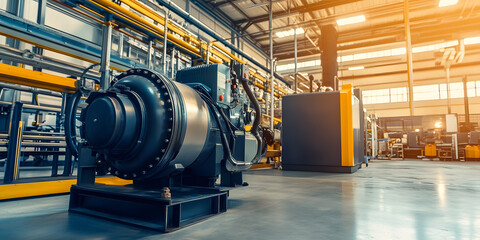 A large industrial air compressor system operating in a modern manufacturing facility, showcasing powerful equipment in a factory production setting.