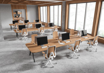 Top view of office interior with meeting and coworking near panoramic window