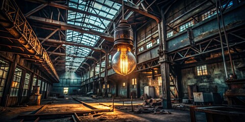 Fototapeta premium Solitary Glowing Bulb in Abandoned Warehouse with Eerie Shadows and Rusted Machinery - Atmospheric Portrait Photography