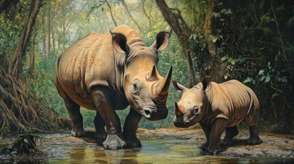 Mother and baby rhino getting ready to drink