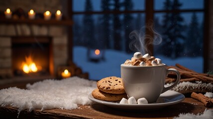 A cup of hot chocolate with marshmallows and cookies on the fireplace on a winter evening
