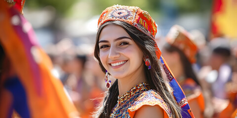 A smiling young woman in traditional Armenian attire, celebrating a cultural festival with colorful garments and a joyful expression in the crowd.