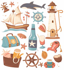 A collection of nautical themed illustrations including a ship, lighthouse, compass, starfish, seashells, a bottle of beer, a glass of juice, a suitcase, a lifebuoy, and a wheel.