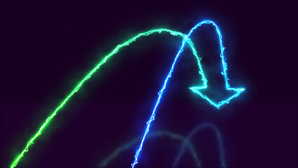 3d render, abstract minimalist geometric background. Colorful neon arrow, linear sign.