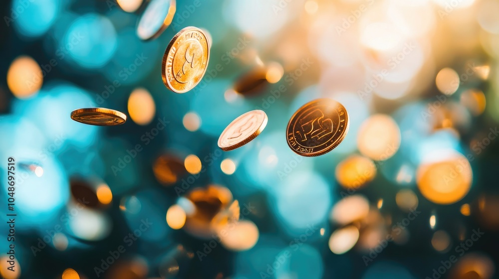 Aufkleber Falling coins gleam dynamically in front of a blurred background, a rich and vibrant display of abundance