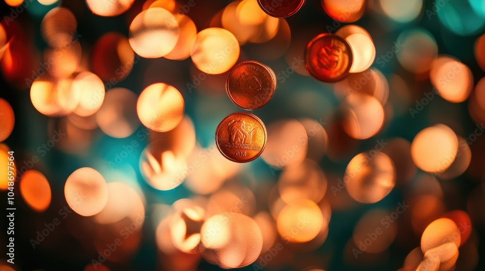 Aufkleber Falling coins gleam dynamically in front of a blurred background, a rich and vibrant display of abundance