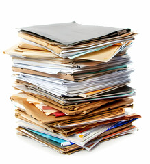 A large stack of various papers and folders, representing a large amount of paperwork, files, documents, and information.