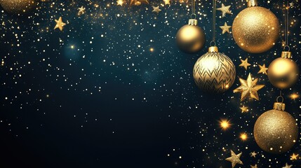 Festive golden ornaments glow warmly against a dark background, surrounded by glimmering stars for a magical holiday feel