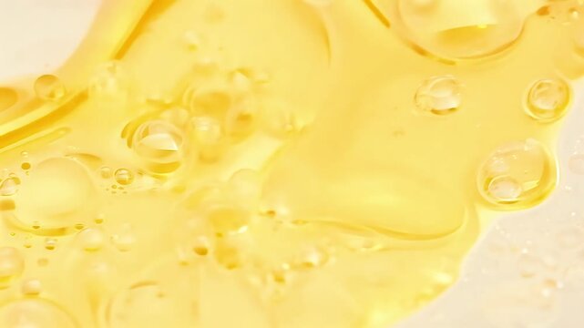 Observe macro shot yellow transparent cosmetic gel fluid molecule bubbles flowing white surface highquality 4K footage captures texture liquid cream perfect samples beauty products colours shampoo