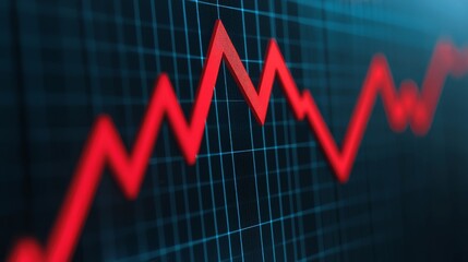 A close-up of a red line graph depicting fluctuating trends, highlighting sharp increases and decreases on a digital grid background.
