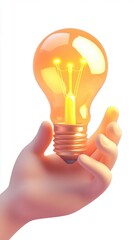 Hand holding a lightbulb, symbolic 3D cartoon style, white background