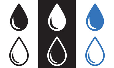 Raindrops vector icon set. oil or water droplet vector icon. blood or tear icon. teardrop pictogram in black , white and blue color. isolated on white and black background. Vector illustration. EPS 10