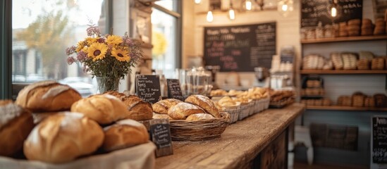 Freshly baked bread in a bakery shop with wooden shelves and a rustic counter.