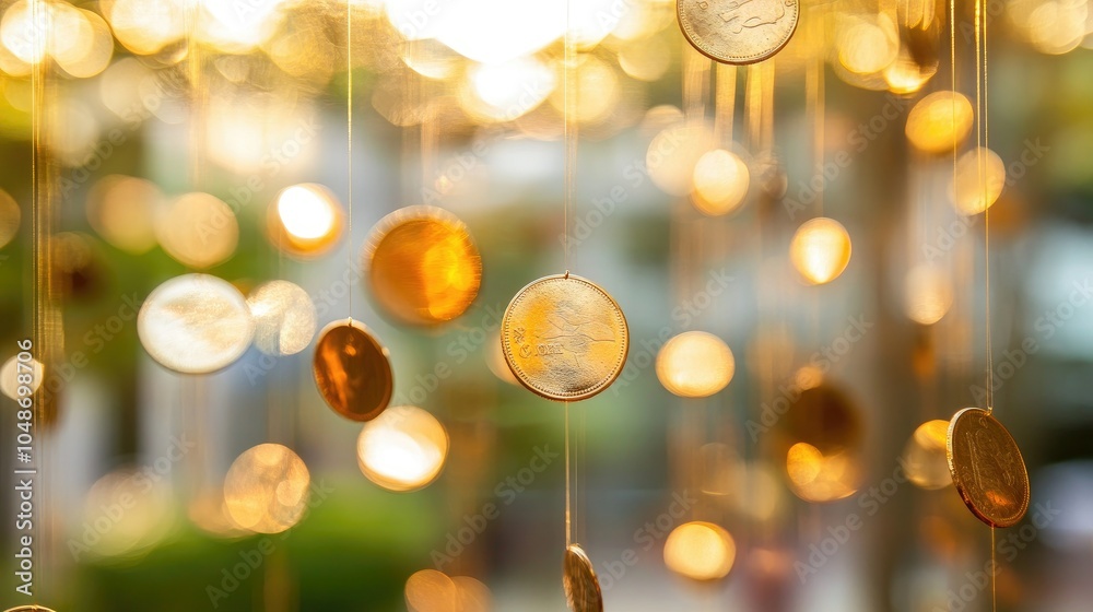 Aufkleber gold coins in motion, suspended in air with a softly blurred background, creating a sense of wealth 