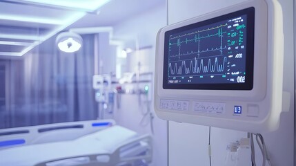 Digital Patient Monitoring System Displaying Real Time Vitals in Sleek High Tech Hospital Room