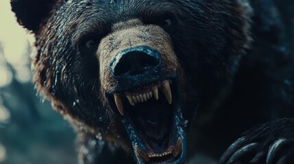 Bear s snarling mouth in close-up, fangs dripping with saliva, eyes furious and wild, sharp claws raised