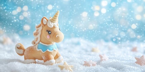 Cute gingerbread unicorn figurine in snowy winter scene with festive bokeh lights, creating a magical holiday atmosphere.
