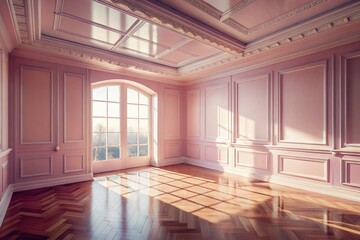 Fototapeta premium Vintage Style Photography of a Pastel Pink Empty Room with Sunlight and Perspective Walls