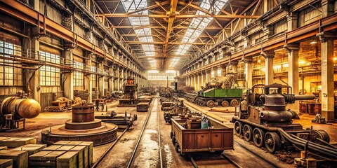 Obraz premium Vintage Style Photography of Tank Manufacturing Plant Interior with Machinery and Assembly Line