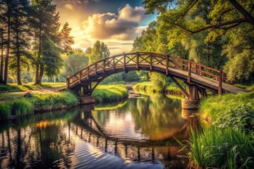 Vintage Style Photography of Wooden Bridge over Liwiec River in Korytnica, Masovia, Poland on a Sunny Day