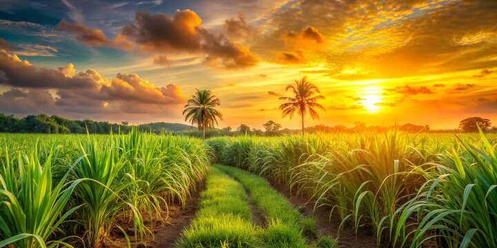Vintage Sunset Over Sugarcane Field in Malaysia - Sweet and Healthy Crops of Poaceae Family