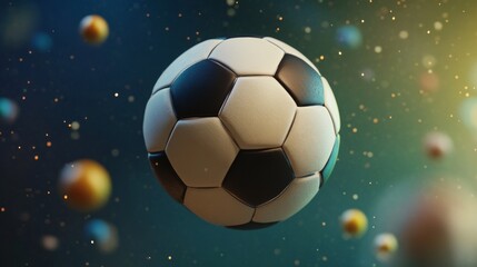 Naklejka premium A soccer ball in the air with a colorful abstract background.